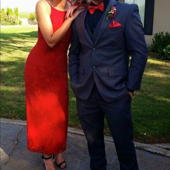 Red beaded midi formal dress with slit in the back - Picture 8 of 10